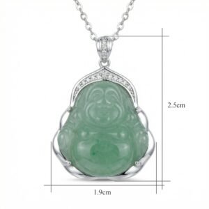 925 Sterling Silver Exquisite Green Jade Laughing Buddha Pendant Necklace in Sterling Silver with Shimmering Accents
