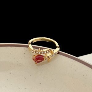 Enamel Red Rose Ring For Women, Light Luxury New Year Index Finger Ring, Open Adjustable Niche Design Delicate Ring