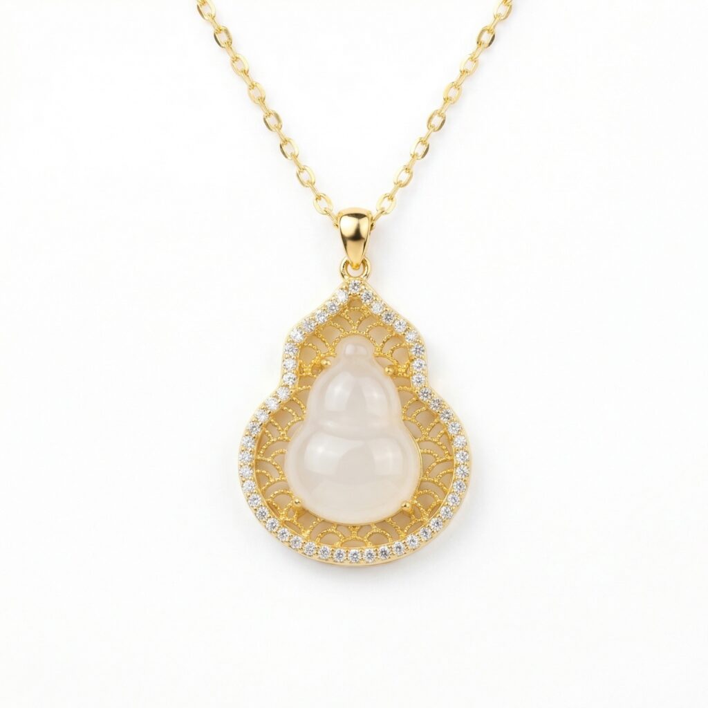 925 Sterling Silver Elegant White Jade Gourd Pendant Necklace with Ornate Filigree and Shimmering Crystal Border