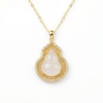 925 Sterling Silver Elegant White Jade Gourd Pendant Necklace with Ornate Filigree and Shimmering Crystal Border
