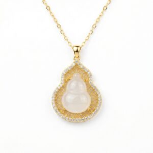925 Sterling Silver Elegant White Jade Gourd Pendant Necklace with Ornate Filigree and Shimmering Crystal Border