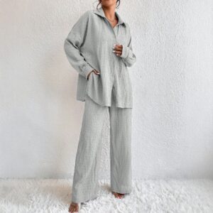 Summer New European And American Style Pleated Long-Sleeve Lapel Loose Two-Piece Set