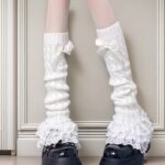 Coquette Cable Knit Leg Warmers With Lace Ruffle & Satin Bow, White Slouchy Lolita Leg Warmers For Platform Shoes & Balletcore