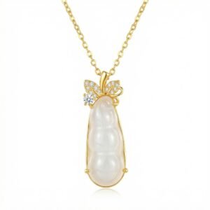 925 Sterling Silver Elegant White Gemstone Pea Pod Pendant Necklace with Brilliant Diamond Accents