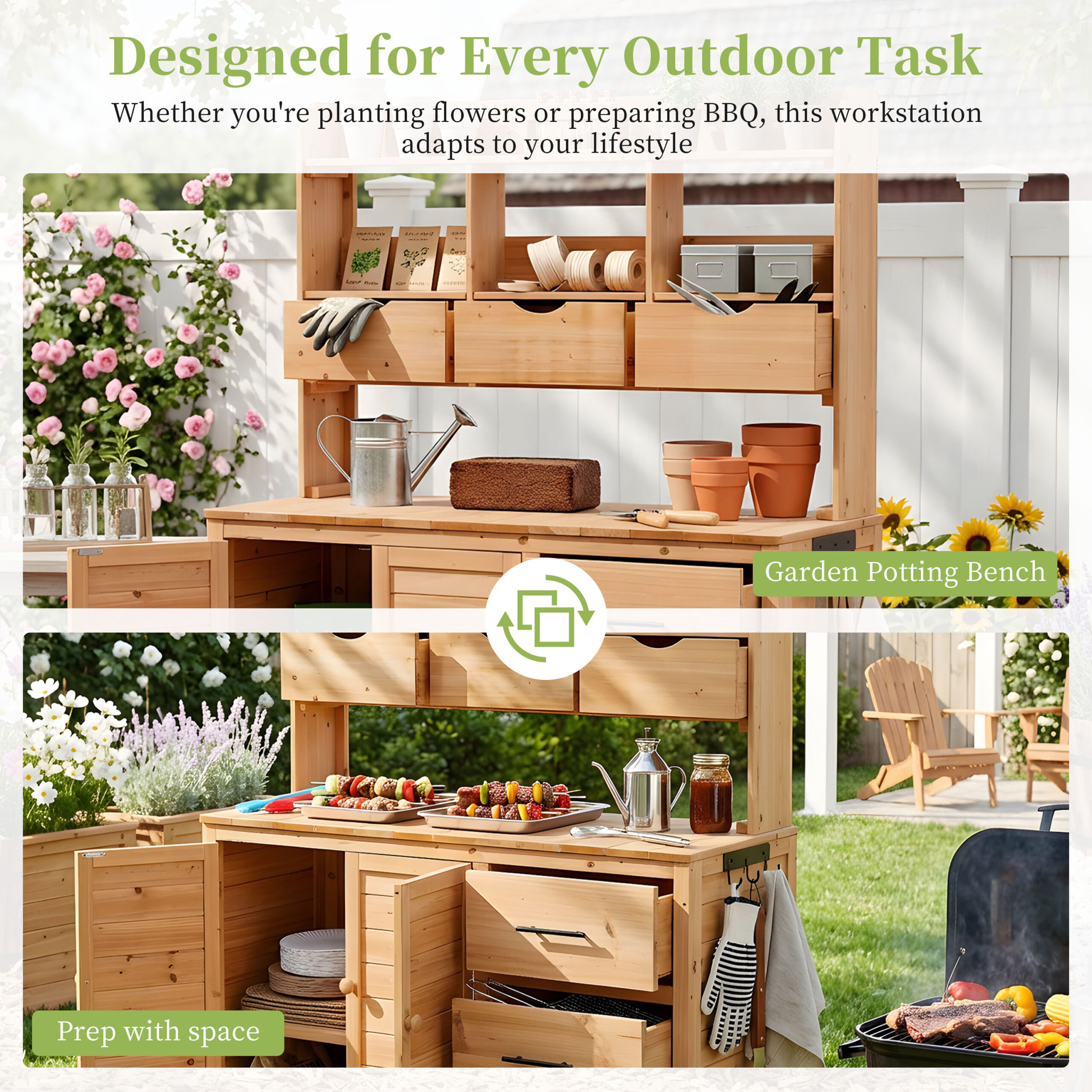 With Assembly Video TOPMAx Farmhouse Patio Potting Bench 44.6 X19.5 Large Freestanding Garden Workstation With 6 Drawers Bottom Cabinet And Side Hook Outdoor Kitchen Island Natural Wood - Image 5