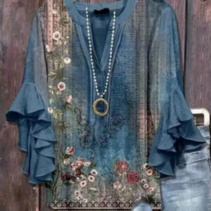 Casual Trend V-necked Floral-edge Women’s Top