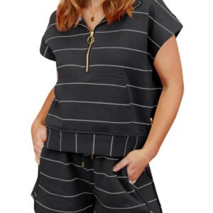 Fisoew Women Summer 2 Piece Outfits Striped Short Sleeve Zipper Shirts Casual Shorts Loose Lounge Short Sets
