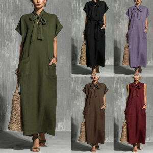 V-neck Lace-up Short-sleeve Solid-color Loose Casual Dress