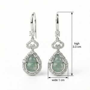 925 Sterling Silver Elegant Jadeite Gourd Drop Earrings with Shimmering Stone Accents in White Metal