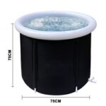 Round black hot tub with a white rim, filled with bubbling water; dimensions 75 cm tall and 75 cm in diameter.