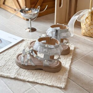 Children's Roman Sandals Summer New Lace Pearl Bow Middle School Girls' Sandals Princess Shoes