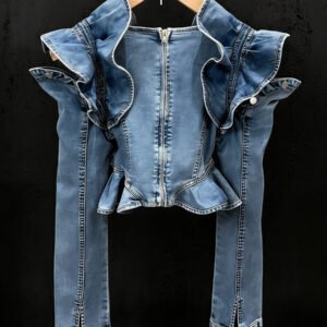 Long-sleeved Cropped Denim Jacket With Ruffled Hem