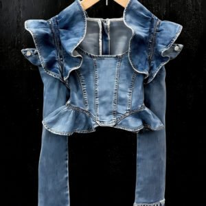 Long-sleeved Cropped Denim Jacket With Ruffled Hem
