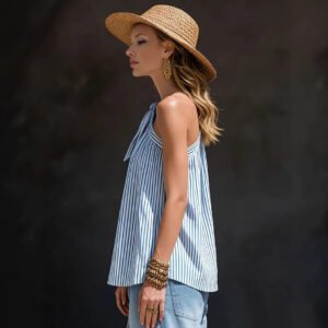 French-style Vacation-ready Striped Off-shoulder Top, Sleeveless Blouse