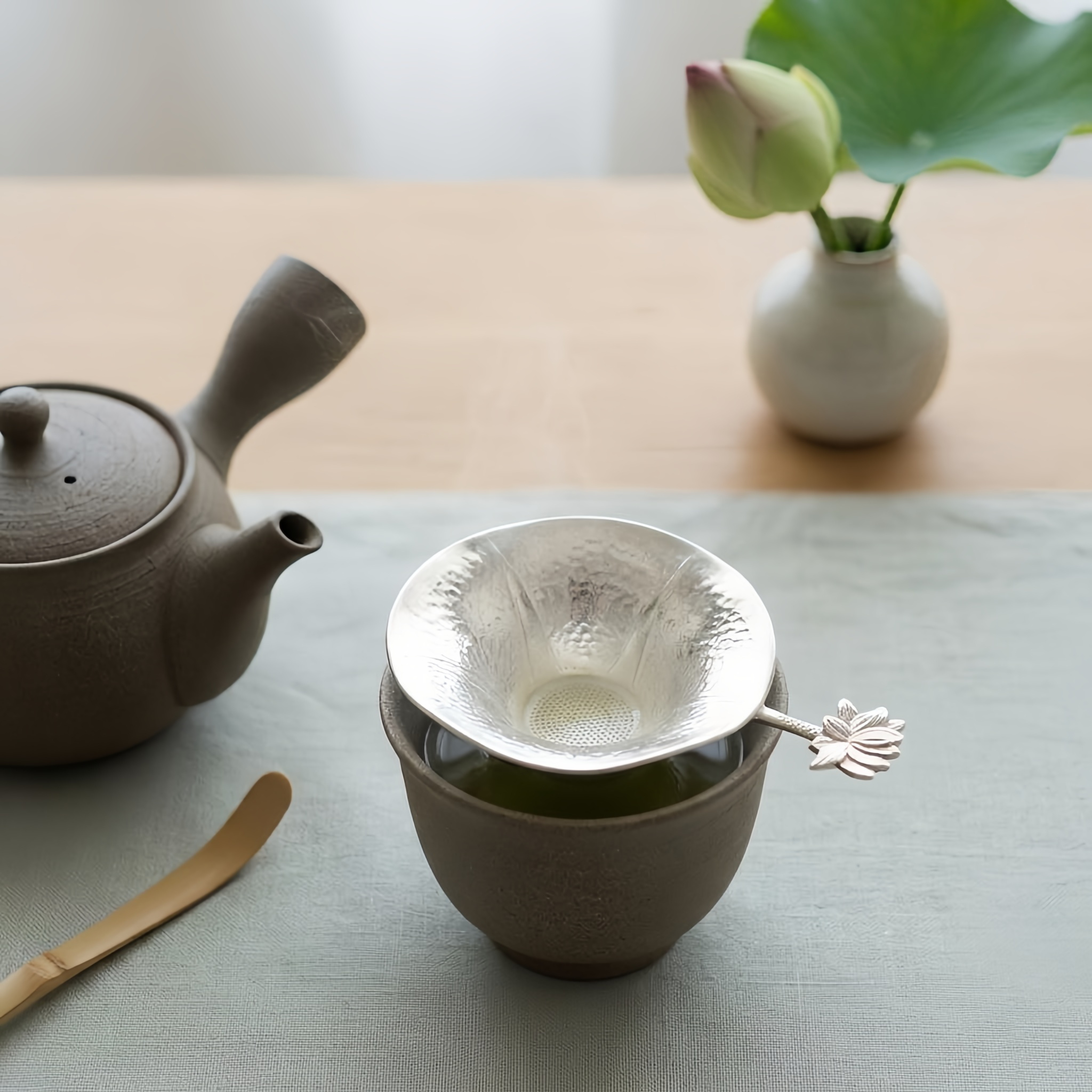 Pure 999 Fine Silver Elegant Silver Handcrafted Tea Strainer Funnel with Decorative Lotus Flower Handle – Handicraft