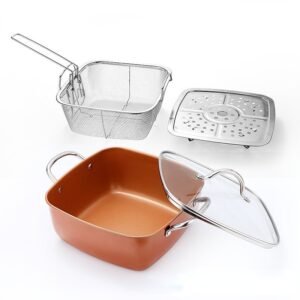 24cm Square Kitchen Fryer Non Stick Chip Pan Potato Fryer W Basket Cooking Pot