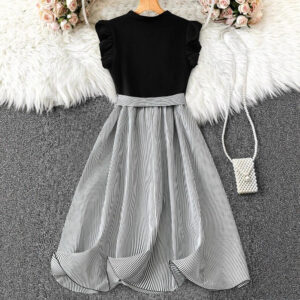V-neck High-waisted Black-and-white Patchwork Dress