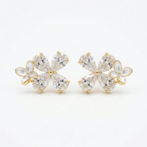 925 Sterling Silver Elegant Butterfly Blossom Stud Earrings with Pear Cut Crystals and Mother of Pearl Accents