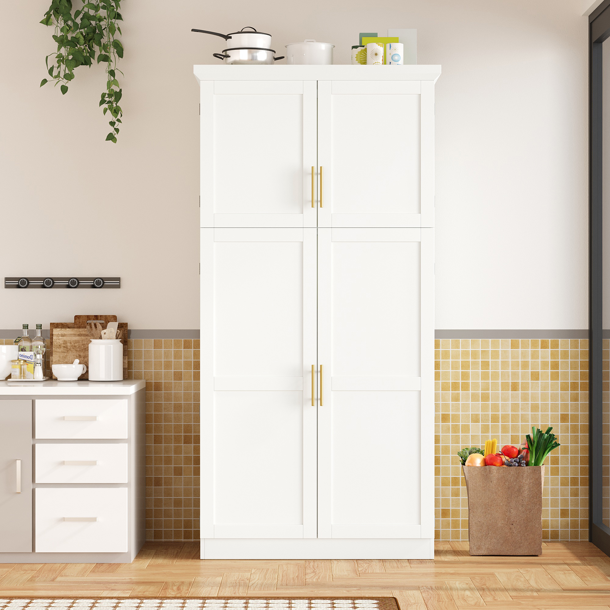 TOPMAx 35.5x17.6x70.9inch Freestanding Kitchen Pantry Cabinet Tall Storage Cabinet With 4 Doors 2 Door Shelves 8 Pull- Out Trays And Adjustable Shelf For Dining Room White - Image 2