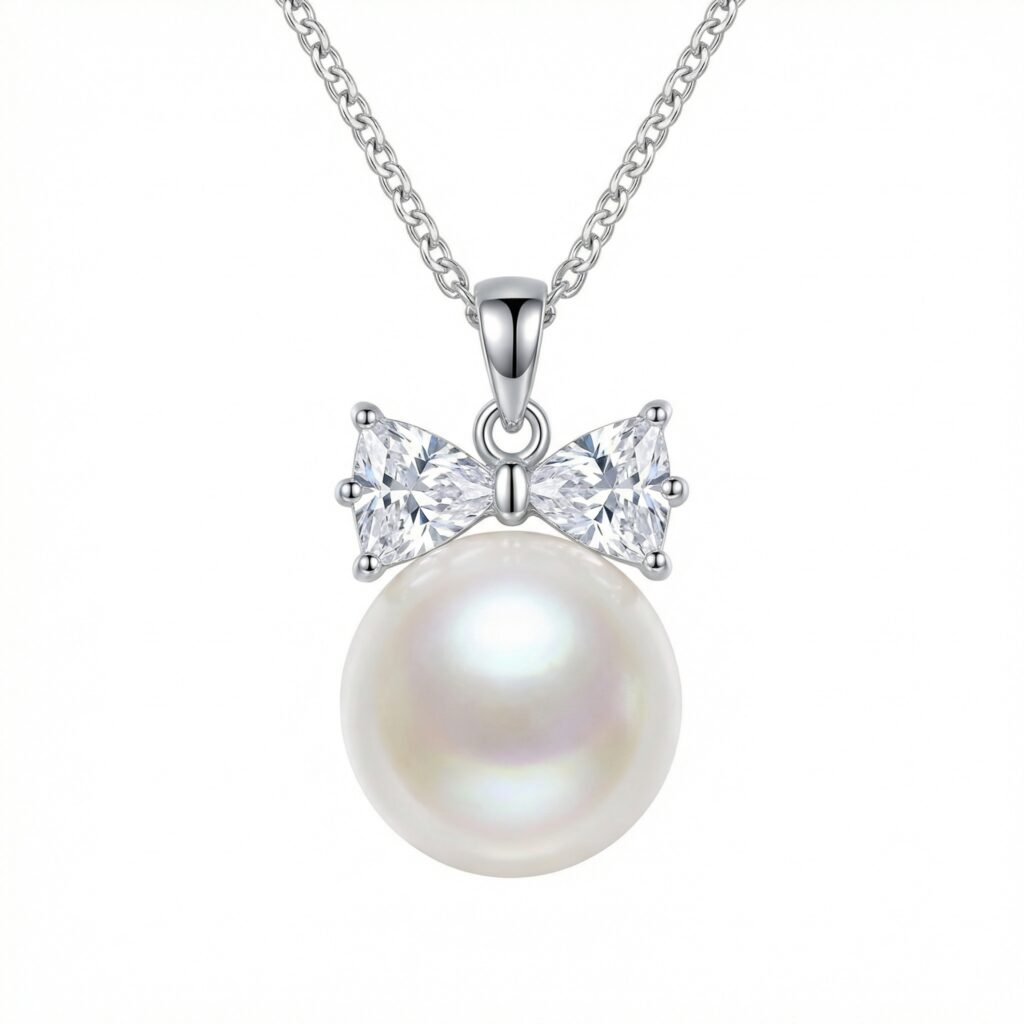 925 Sterling Silver Elegant Sterling Silver White Pearl Necklace with Sparkling Crystal Bow Pendant