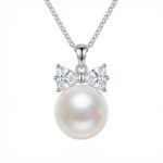 925 Sterling Silver Elegant Sterling Silver White Pearl Necklace with Sparkling Crystal Bow Pendant