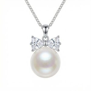 925 Sterling Silver Elegant Sterling Silver White Pearl Necklace with Sparkling Crystal Bow Pendant