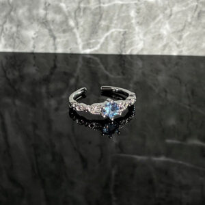 Ocean Blue Zircon Open Ring, Delicate Clear Diamond Inlay, Elegant Skin-friendly, Minimalist Cold Chic Women Jewelry