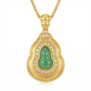 925 Sterling Silver Exquisite Jadeite Gourd Pendant Necklace with Brilliant Gemstone Accents