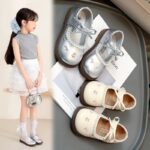 New Spring Girls Leather Shoes, Toddler Sweet Cherry & Bow Princess Shoes, Pearl Trim Soft Sole Kids Flats
