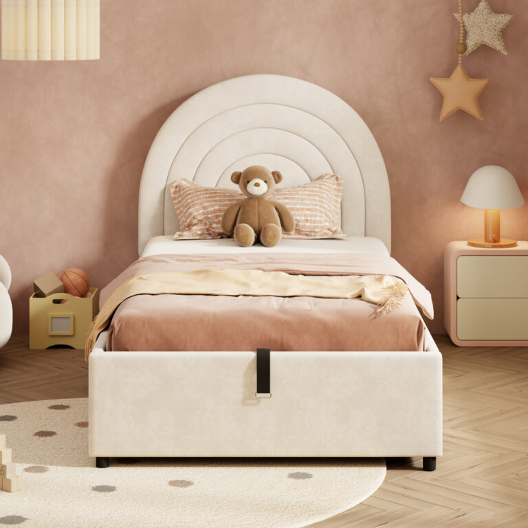 Upholstered Bed 3ft 90x190, Children's Bed, Single Bed With Slatted Frame And Headboard, Youth Bed, Suitable For Adults And Teenagers, Wooden Slats, Easy To Assemble, Velvet, Beige