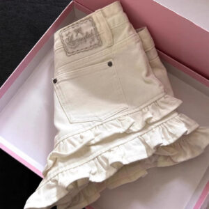 White Ruffled Panel Denim Shorts