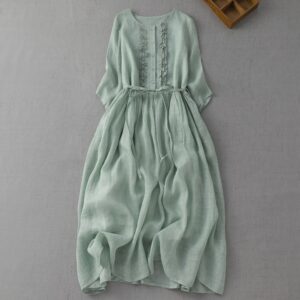 Vintage Linen Round Neck Double Layer Tie Waist Flowy Midi Dress, Spring Summer Women’s Lightweight Travel Dress