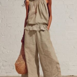 Retro Ruffled Cotton-Linen Two-Piece Set