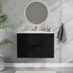 30 Inch Bathroom Vanity Cabinet With Ceramic Sink - Black Wall Mounted Floating Fluted Vanity With Drawers Modern