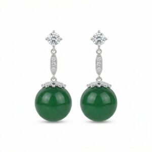 925 Sterling Silver Elegant Spherical Green Jade Drop Earrings with Sparkling Accents and Silver-tone Finish