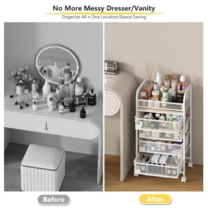 Makeup Organizer With 4 Drawers, Skincare Storage, Floor Skincare Organizers With Wheels Nameplates,Vanity Cosmetic Holder For Perfume, Nail Polish, Brushes, White