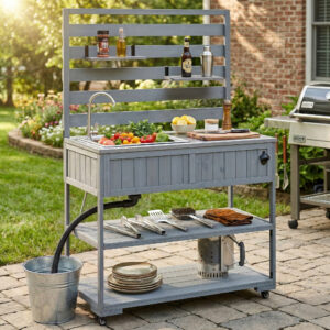 With Assembly Video TOPMAx 41.7 Large Patio Rolling Kitchen Island Solid Wood Kitchen Cart With Sink Garden Potting Bench With Stainless Table Top 2 Movable Shelves And 1 Bottle Opener Gray