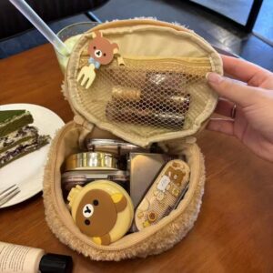Cartoon Cute And Adorable Lambswool Easy Bear Head Oval 3D Makeup Bag