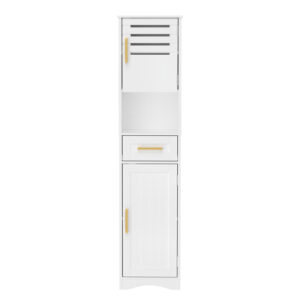 Tall Bathroom Floor Storage Cabinet,Narrow Slim Freestanding Cabinet With 1 Drawer And 2 Doors Storage Cabinet With 5 Adjustable Height Shelf, 15 X 12 X 67Inches, White