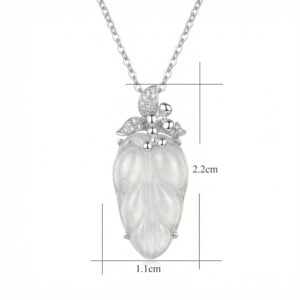 925 Sterling Silver Elegant Silver Necklace with Carved White Jade Leaf Pendant and Sparkling Foliage Accents