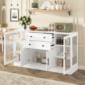 U- Style 58.3 Modern Buffet Sideboard With 4 Doors & 2 Drawers Adjustable Shelves Power Outlet Acrylic Panels Aluminum Alloy Handles Storage Cabinet For Dining Room Living Room And Kitchen