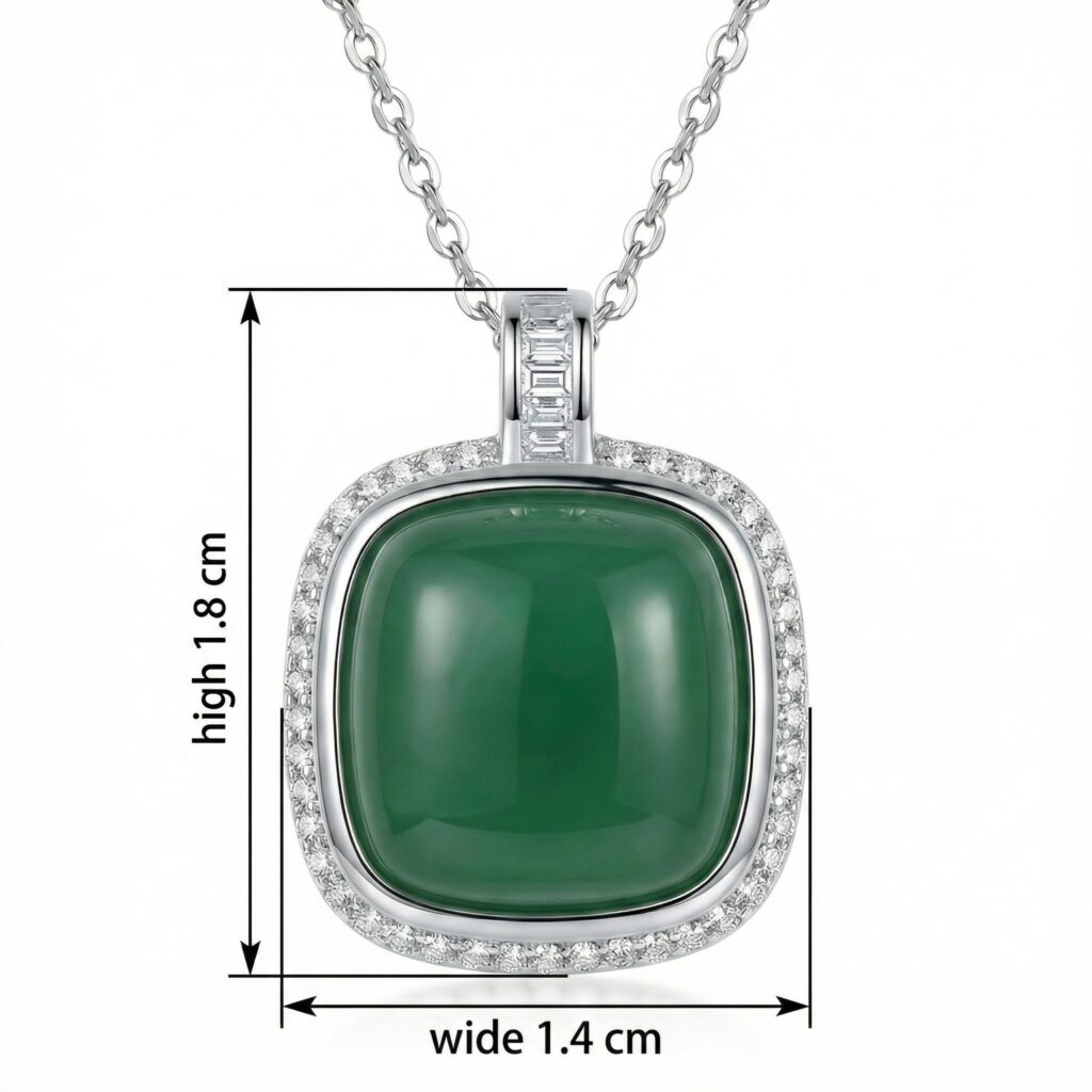 925 Sterling Silver Elegant Cushion-Cut Green Gemstone Pendant Necklace with CZ-Set Halo and Baguette Bale