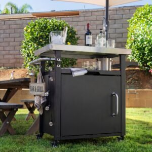 K&K 39.5 Outdoor Grill Cart With Storage Cabinet, Outdoor Bar Cart Pizza Oven Table With Wheels, Stainless Steel Top, Outdoor Kitchen Island With Spice & Paper Rack For BBQ, Waterproof Cover Included