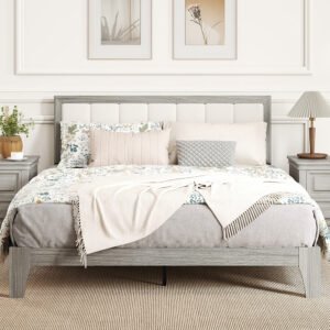 Bed Frame With Headboard Platform Bed Frame Linen-look Fabric With Wooden Slats No Needed Easy Assembly Support Up To 726 Lbs