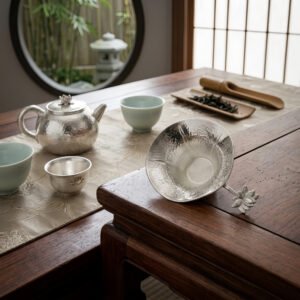 Pure 999 Fine Silver Elegant Silver Handcrafted Tea Strainer Funnel with Decorative Lotus Flower Handle - Handicraft