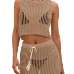 Fisoew Womens 2 Piece Crochet Sets Sleeveless Crop Tops Cover Up Beach Mini Skirt Outfits Vacation Sets