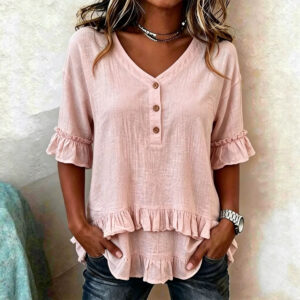 Womens Retro V-Neck Ruffled Loose Short-Sleeve Shirt