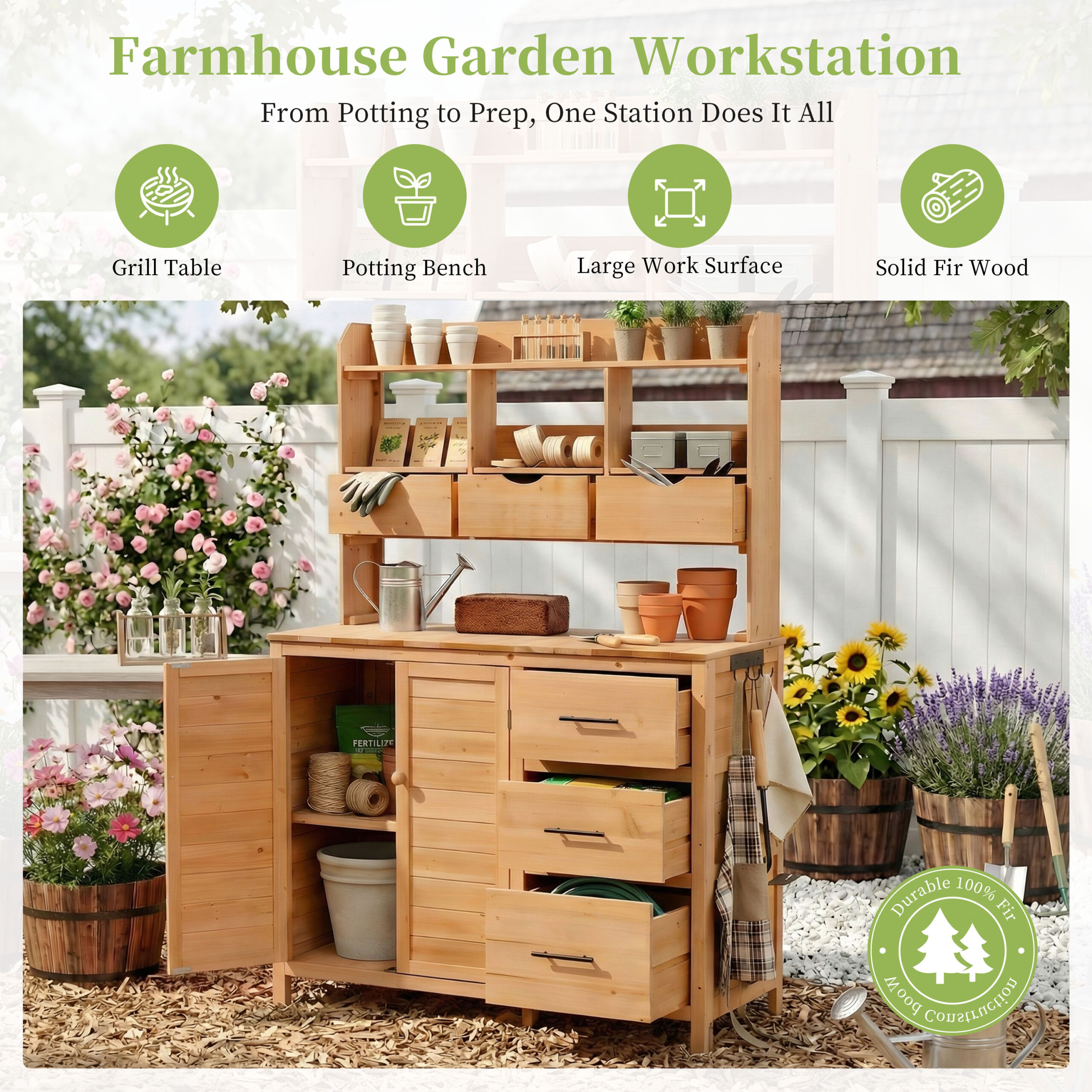 With Assembly Video TOPMAx Farmhouse Patio Potting Bench 44.6 X19.5 Large Freestanding Garden Workstation With 6 Drawers Bottom Cabinet And Side Hook Outdoor Kitchen Island Natural Wood - Image 2