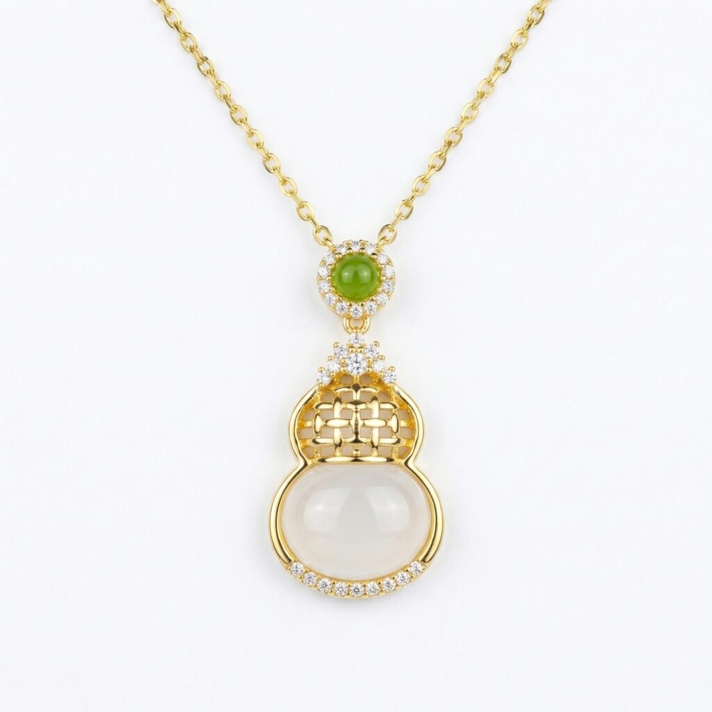 925 Sterling Silver Elegant Double Gourd Pendant Necklace with Green and White Gemstones