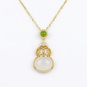 925 Sterling Silver Elegant Double Gourd Pendant Necklace with Green and White Gemstones